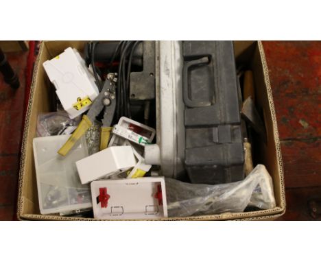 A box of tools to include a Wickes 1050 watt compound mitre saw, screw drivers, right angle drill, light switches etc.
