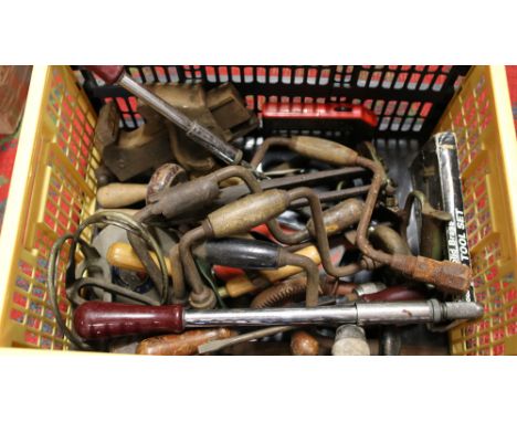 A box of hand tools to include record vice.