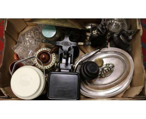 A box of vintage kitchenalia including scales with weights, silver plated entree dish and meat mincers etc.