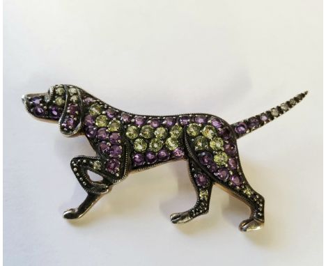 Suffragette Interest - an interesting gilt metal brooch in the form of a hunting hound set with round peridots, diamonds &amp