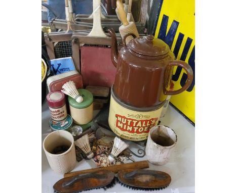 Boxes &amp; objects including a Nuttall's Mintoes 7LB advertising tin; a vintage tennis &amp; badminton racquets; feather shu