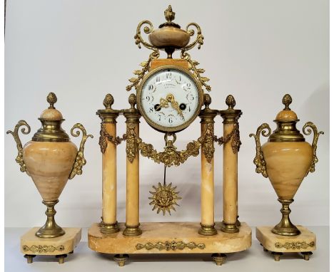 A French sienna marble &amp; gilt portico mantle clock, signed by J.Bernard, Montlucon and 'Just' to dial,&nbsp;with urn surm