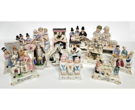 Various Victorian fairings including The Welsh Tea Party, A Pastoral Visit by Rev. John Jones, The Last in Bed to Put Out the