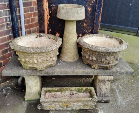 A reconstituted stone bench, a pair of substantial planters, bird bath and rectangular flower trough (5) 