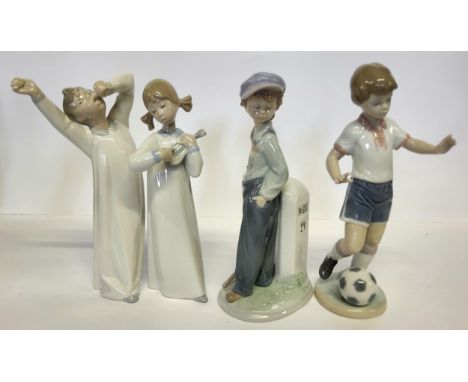 Lladro including Yawning Boy, L4870; Girl Playing the Ukuele, no.4870; Soccer Practice, no.6198 and The Wanderer no.2271 (4) 