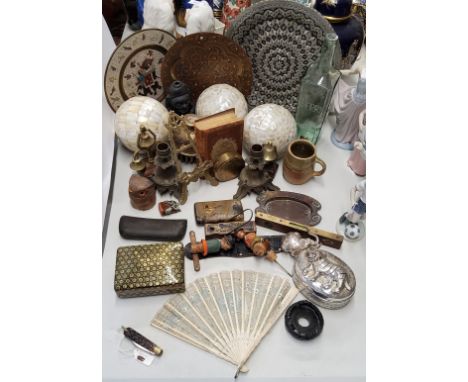 Boxes &amp; Objects - Three mother of pearl inset carpet balls, a pair of 19th century French candlesticks, tibetan prayer be