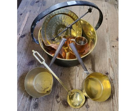 A Victorian highly polished brass jam pan; brass &amp; steel saucepans; a Georgian ladle; Islamic decorative plate etc. 