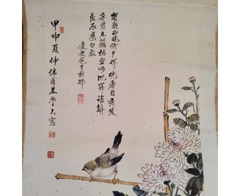 An early 20th century Chinese hanging calligraphy scroll, Qing dynasty, painted with sparrows on blossoming peonies, inscribe