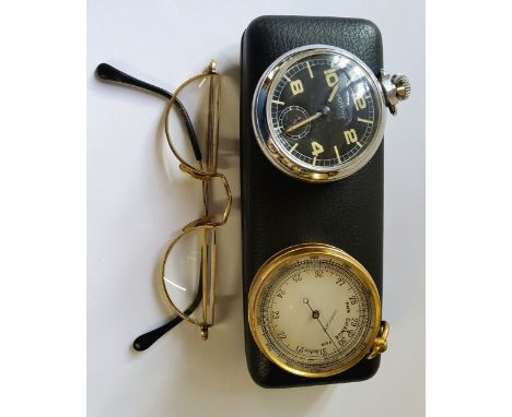 A gilt metal pocket barometer c.1920s; a Ingersoll stainless steel military style pocket watch, black dial, large illunimous 