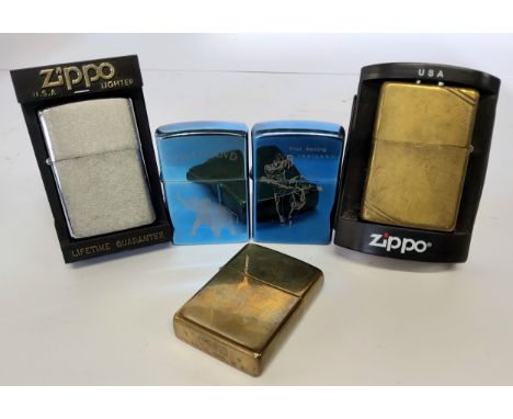 Zippo including model no. 270, 1989, a Solid Brass, 1993, a Brushed Steel; a pair of Thailand Zippo style lighters one printe