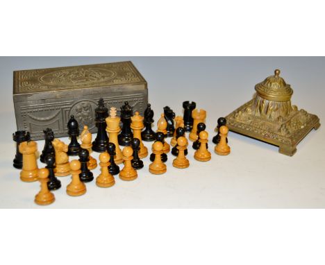 A boxwood and ebonised chess set; an early 20th century ormolu inkwell (2)