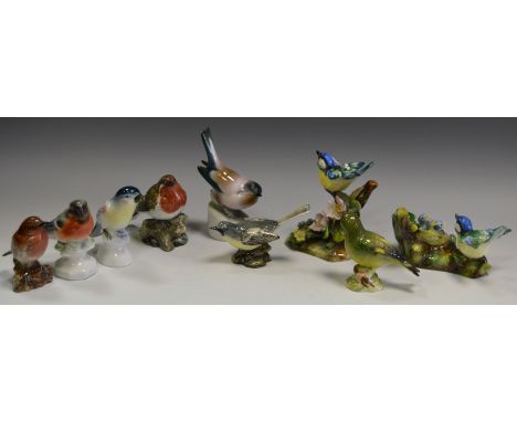 Ornithological models - a Beswick Robin; another Grey Wag; Crown Staffordshire models by J T Jones Blue Tit with chicks; anot