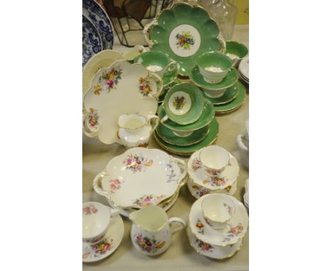 George Jones Crescent china tea service for six, printed with flowers, apple blossom border; other teaware June Time pattern;