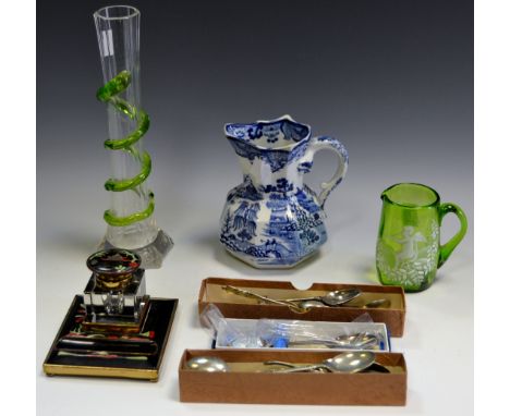 A Mary Gregory green glass beaker; white friars type spill vase, decorative green glass spiral; a Masons Ironstone water jug;