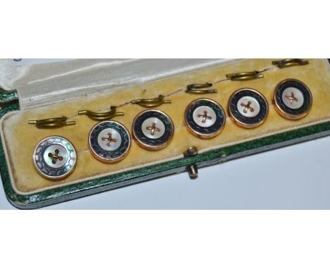 A set of six rolled gold abalone and mother of pearl dress buttons, cased 