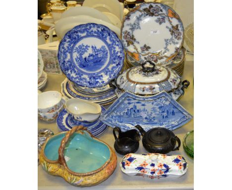 A Staffordshire Kato pattern flo blue tureen and cover; a Gaudy Welsh tooth brush box; Sunderland lustre; Flight Barr and Bar