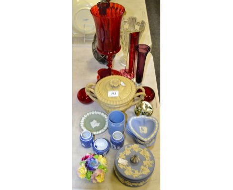 Ceramics and Glass - a ruby glass goblet  specimen vase;  wine glasses;  Wedgwood blue jasperware;  a Victorian relief moulde