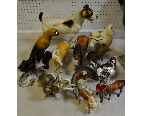 A Royal Dux elephant; a Goebel Trout; horses; a large model of a Terrier; etc.
