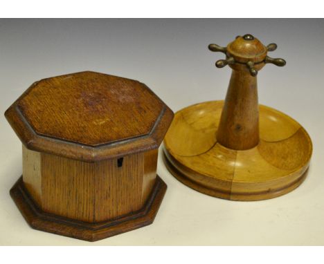 A Victorian oak octagonal box or caddy, c.1880; an oak stand, as a ship's capstan (2)