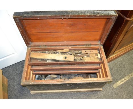 A pine tool chest, handles to side, 3 graduated removable shelves; various tools including planes, drills and blow lamps etc