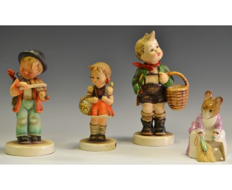 An early Goebel figure, designed by MJ Hummel Boy with Basket; another Boy with violin; School Girl; a Royal Albert figure of