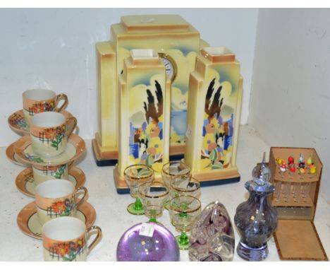 A Czechoslovakia clock garniture;  paperweights;  Japanese eggshell tea service;  novelty cocktail stirrers 