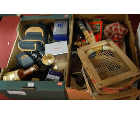 Two boxes of miscellaneous items to include; cameras, Wade scotch whisky bell, tennis racquets etc 