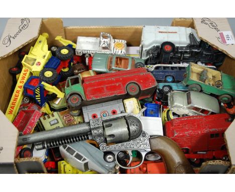 A box of loose playworn diecast toy vehicles to include Dinky Toys AEC Monarch Thompson tank, Corgi Toys ERF Model 64, and Di