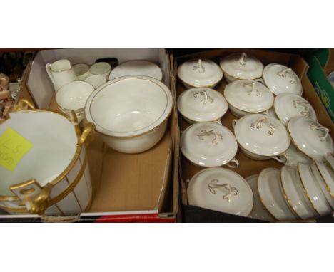 Two boxes of assorted china, tea and dinnerwares to include individual soup bowls and covers with gilt decoration by Hammersl
