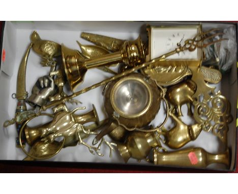 A small collection of miscellaneous brassware to include miniature bellows, various vases and carriage clock etc