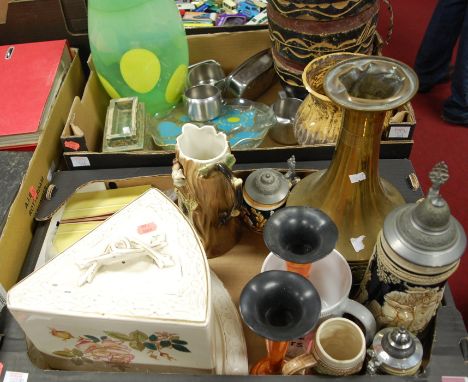 Two boxes of miscellaneous items to include; Victorian cheese dish and cover, four ceramic wall tiles and a hide covered drum