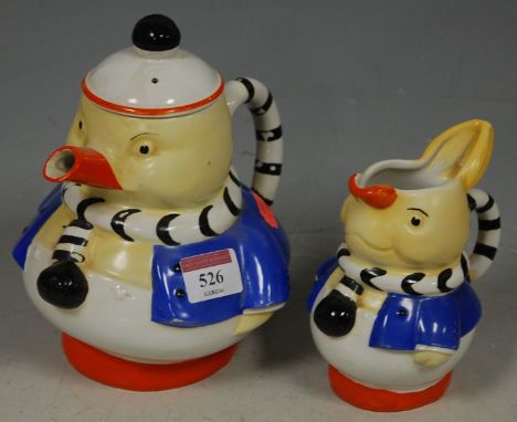 A Shelley Mabel Lucy Atwell novelty teapot and cover, together with a matching jug (2) 