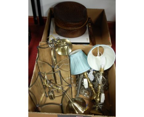 A collection of miscellaneous items to include; leather hat box, long playing records, ceiling light fittings etc 