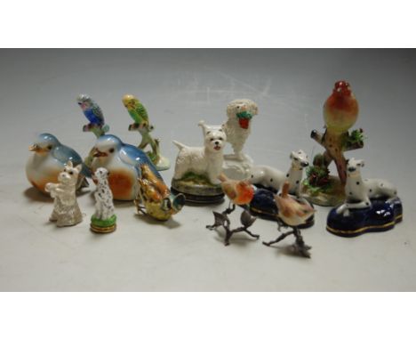 Mixed lot of porcelain animal ornaments to include Adderley birds, Staffordshire poodle, pair of Staffordshire Dalmation inkw