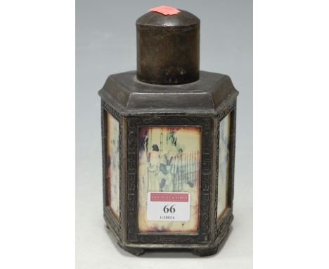 A modern Chinese tea caddy of hexagonal form, each panel depicting a figural scene