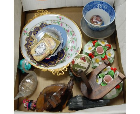 A box of miscellaneous items to include; Doulton Burslem pin-tray, two Denton porcelain posies, Copeland Spode Italian bowl e