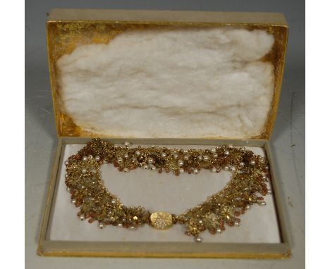 A Norman Hartnell gilt metal and pearl set necklace, boxed