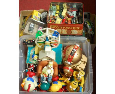 Two boxes of assorted toys and games to include; loose and playworn diecast toy vehicles, Japanese battery operated robot etc