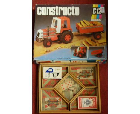 A Constructo boxed tractor set, together with various playing cards etc