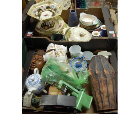 Three boxes of miscellaneous items to include; part Colclough tea service, Spong & Co table-top mincer, slate mantel clock et