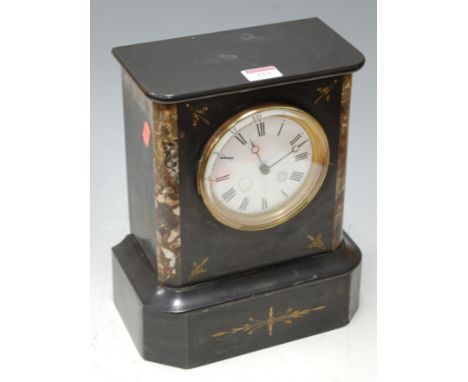 An Edwardian black slate mantel clock, having a white enamel dial with Roman numerals 