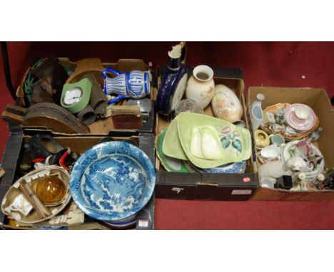 Four boxes of miscellaneous items to include: pair of oak bellows, Black Forest style figure of a bear, blue and white bowl, 