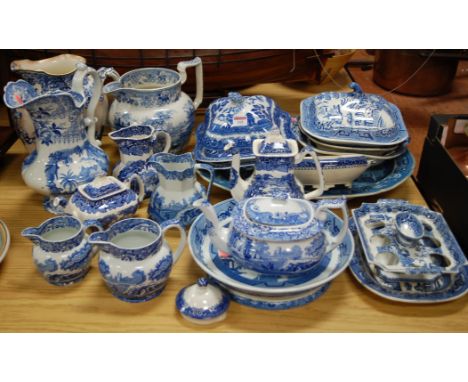 A large collection of assorted blue and white tablewares to include: Copeland Spodes Italian pattern teapot and cover, Victor