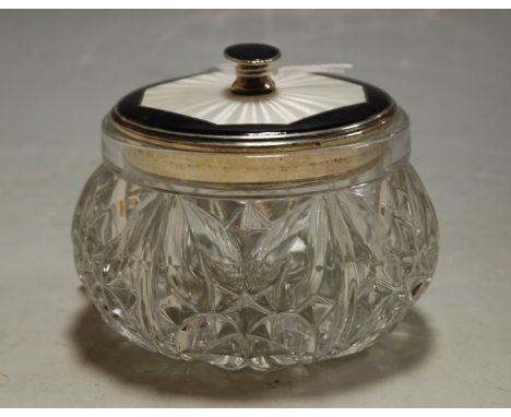 An Art Deco moulded glass silver and enamel topped dressing table tidy, silver assay Birmingham 1932 Condition Report / Extra