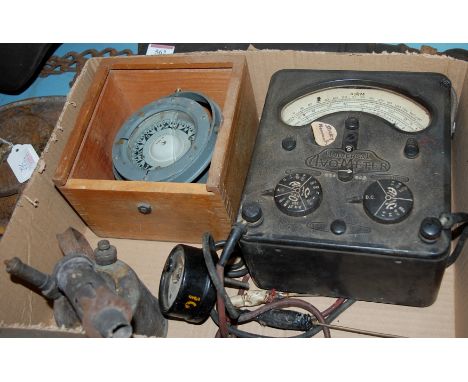 A Universal Avometer, together with a boxed ships compass and blowtorch etc 