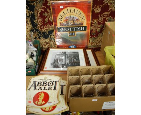 A large collection of assorted reproduction breweryana to include Greene King Abbot Ale enamel advertising signs, Old Speckle