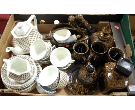 A box of mixed china to include Adams part tea service in the Sharon Pattern and brown glazed pottery tea wares etc 