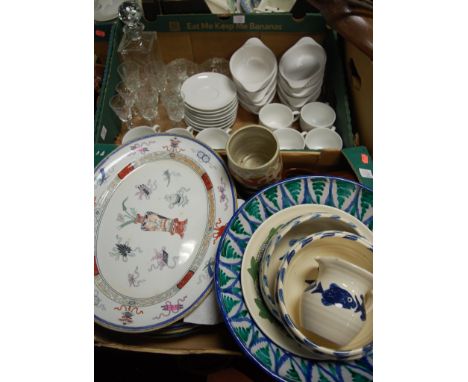 Two boxes of miscellaneous china and glassware to include; Victorian meat plate, decanter and stopper, trinket jars and cover