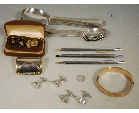 A small collection of miscellaneous items to include; 9ct rolled gold bangle, silver plated flatware, Cross pens and cufflink
