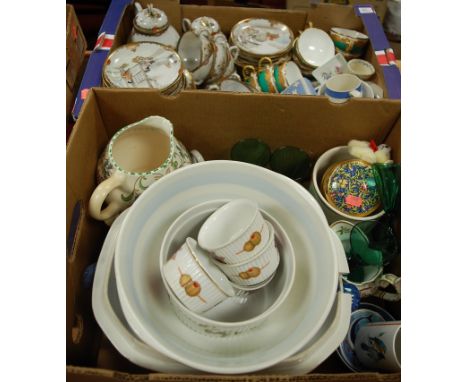Two boxes of miscellaneous china and glassware to include; Wedgwood blue jasper ware trinket jar and cover, Japanese eggshell